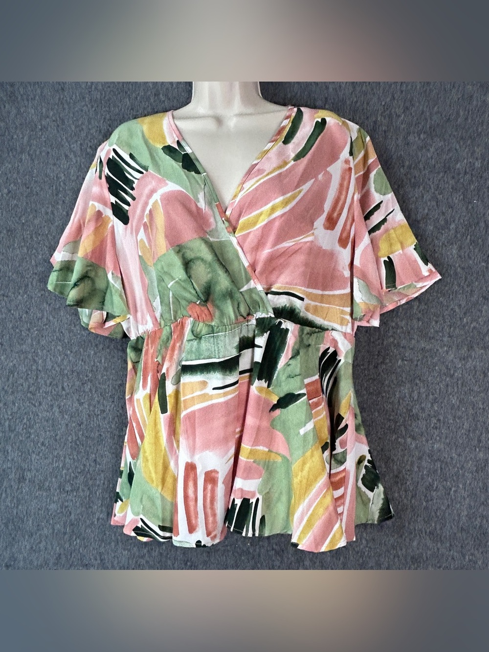 BloomChic Blouse Womens 14-16 Plus Multicolor Abstract Flutter Sleeve Wrap Tunic
